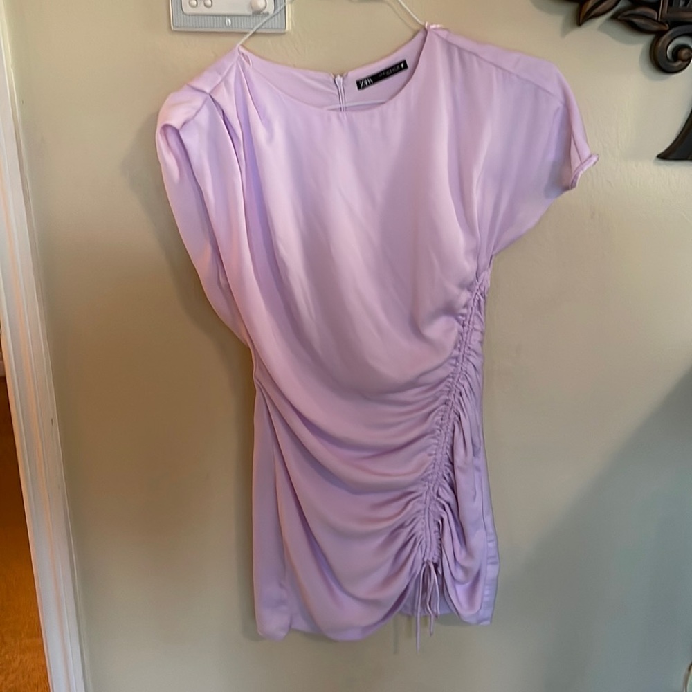 Purple Zara mini dress one shoulder draped sleeve